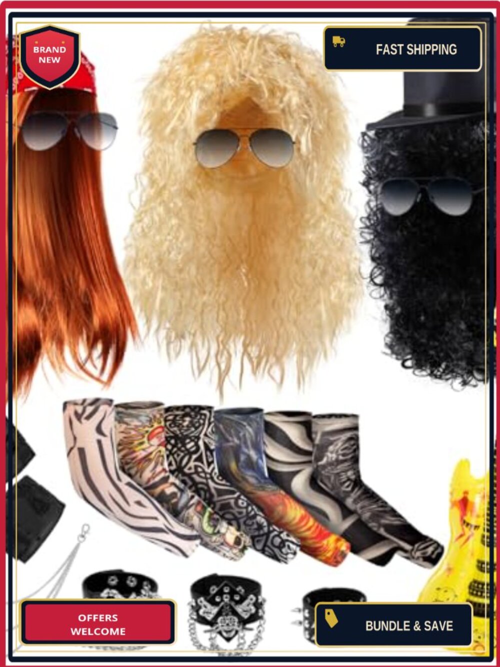 80s Rocker Costume Set Wigs Gloves Bandana Inflatable Guitar Cosplay